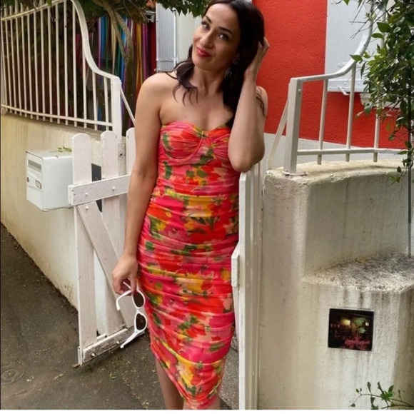 Zara Tulle Floral Corset Ruched Dress Blogger Favorite Sz S - Picture 4 of 12